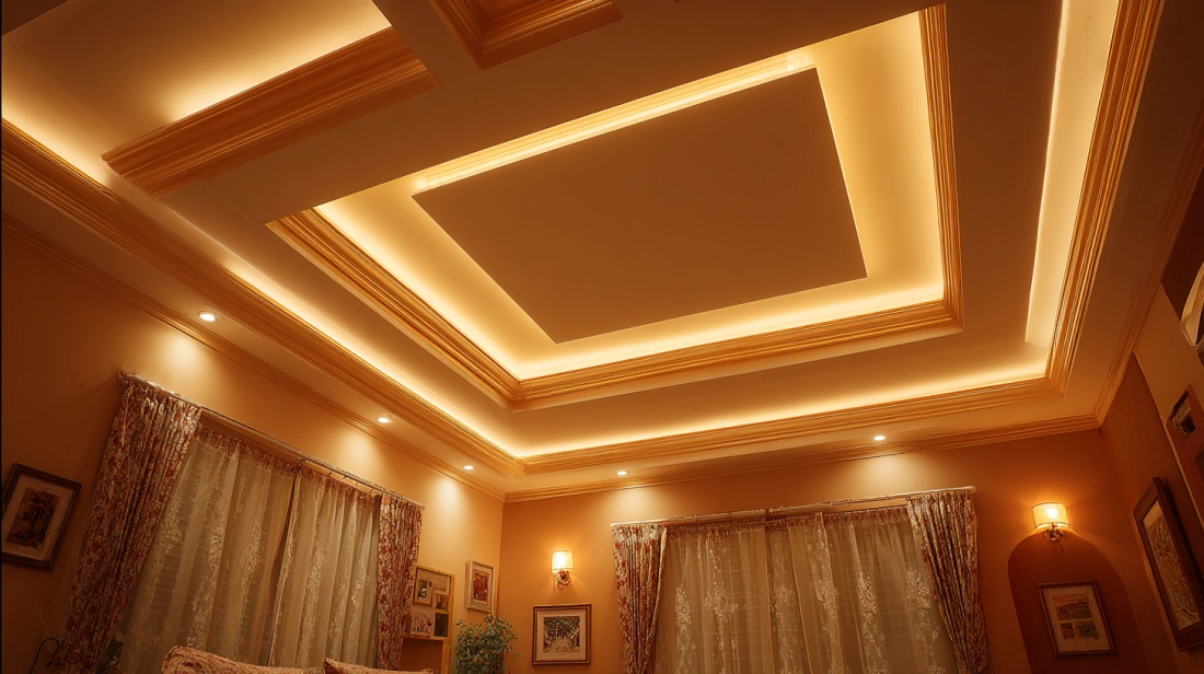 Simple white tray-style gypsum ceiling for a modern hall