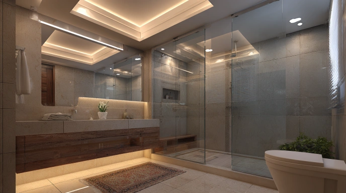 Stepped POP tray ceiling in bathroom interior
