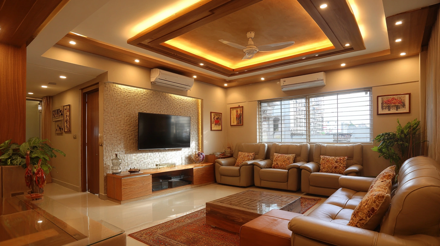 Layered plus minus tray ceiling with wood accents