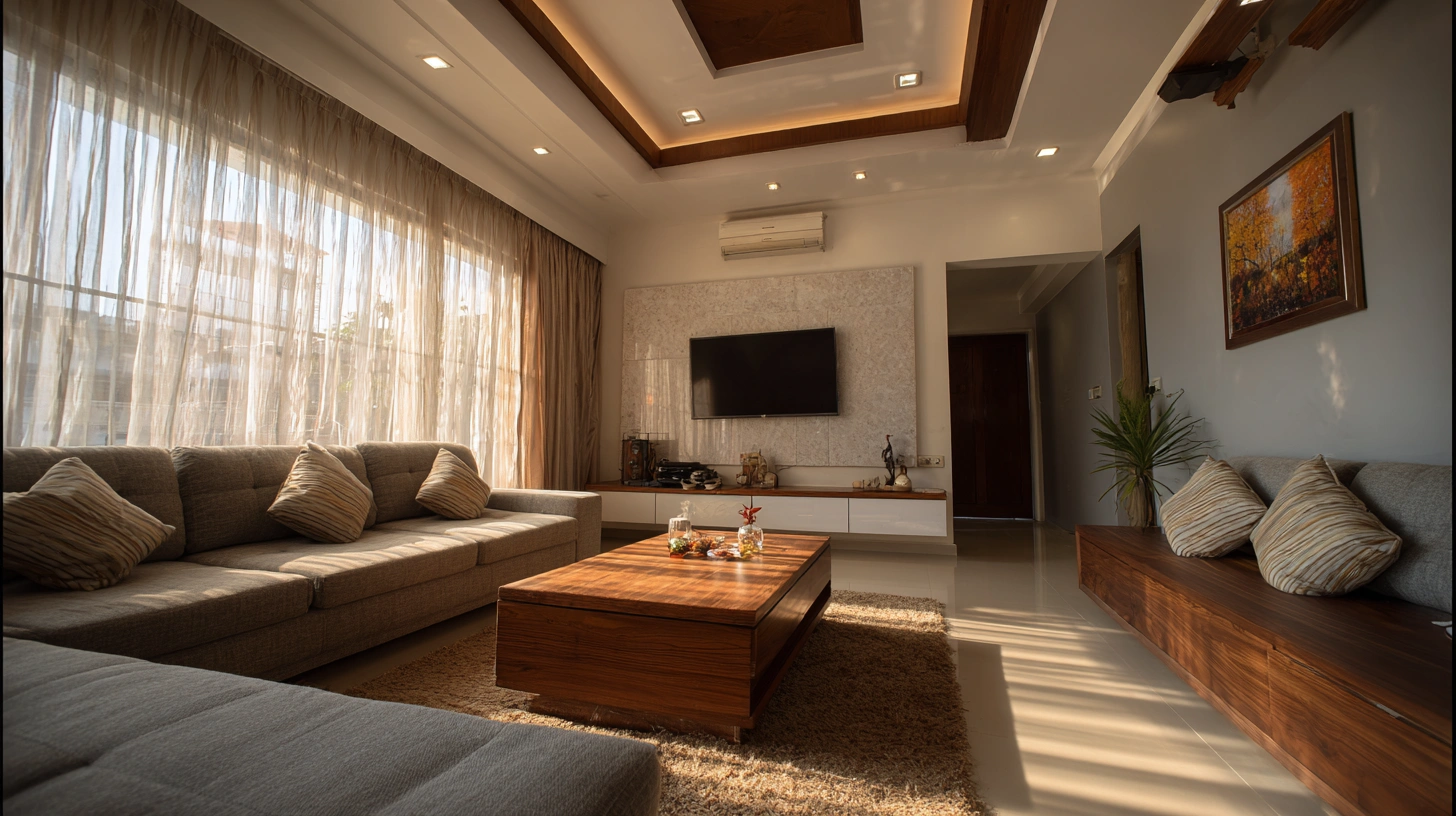 Elegant living room with a tray plus minus ceiling