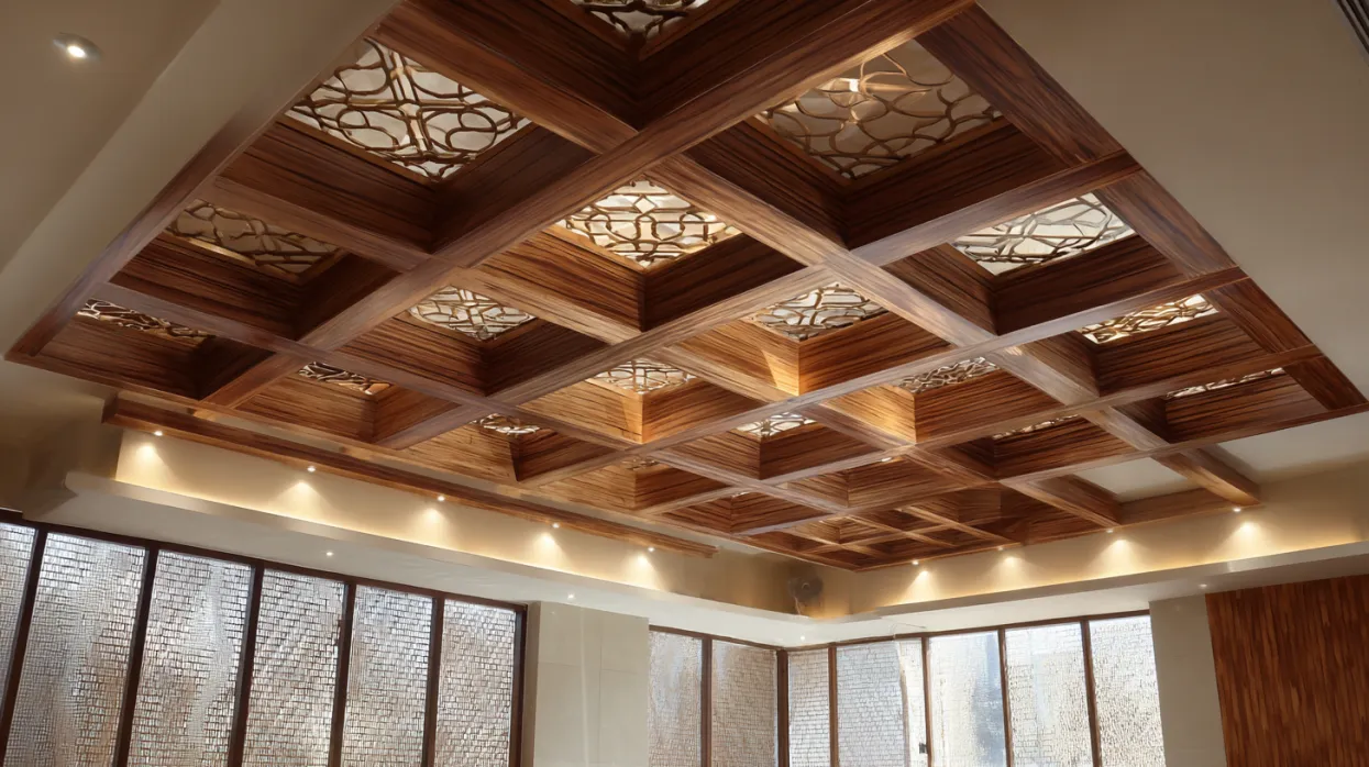 tray wooden false ceiling design with recessed central panel