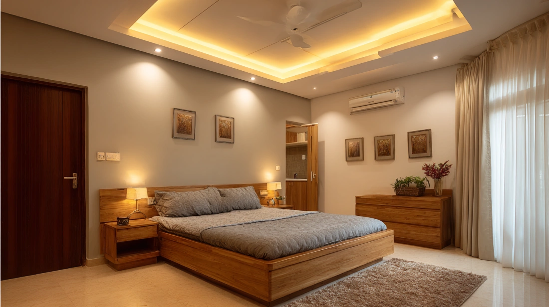 Elegant main bedroom featuring a classic tray ceiling