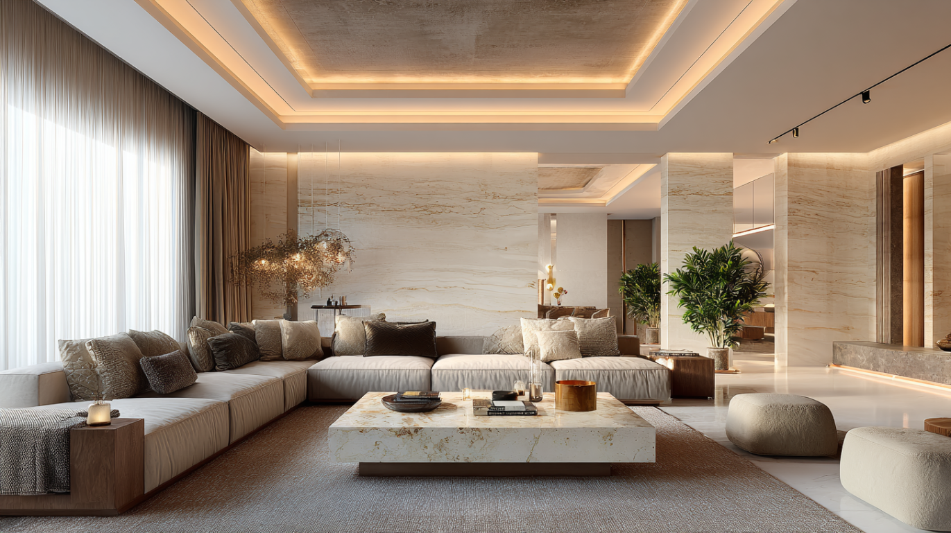 Stepped gypsum tray ceiling in luxury bedroom