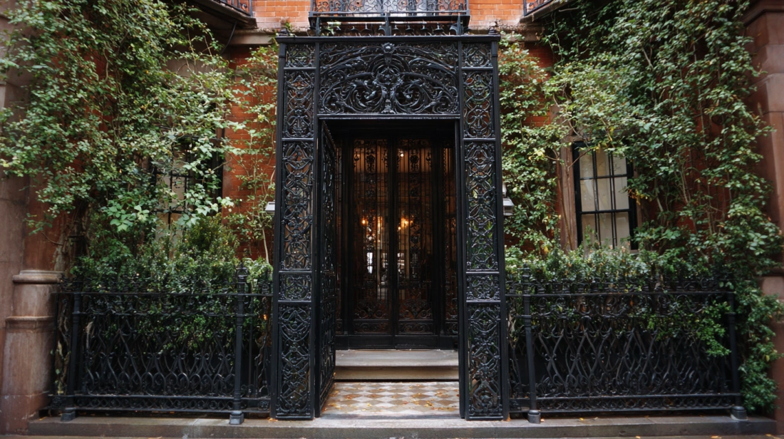 Iron gate with a structured trellis frame supporting climbing vines