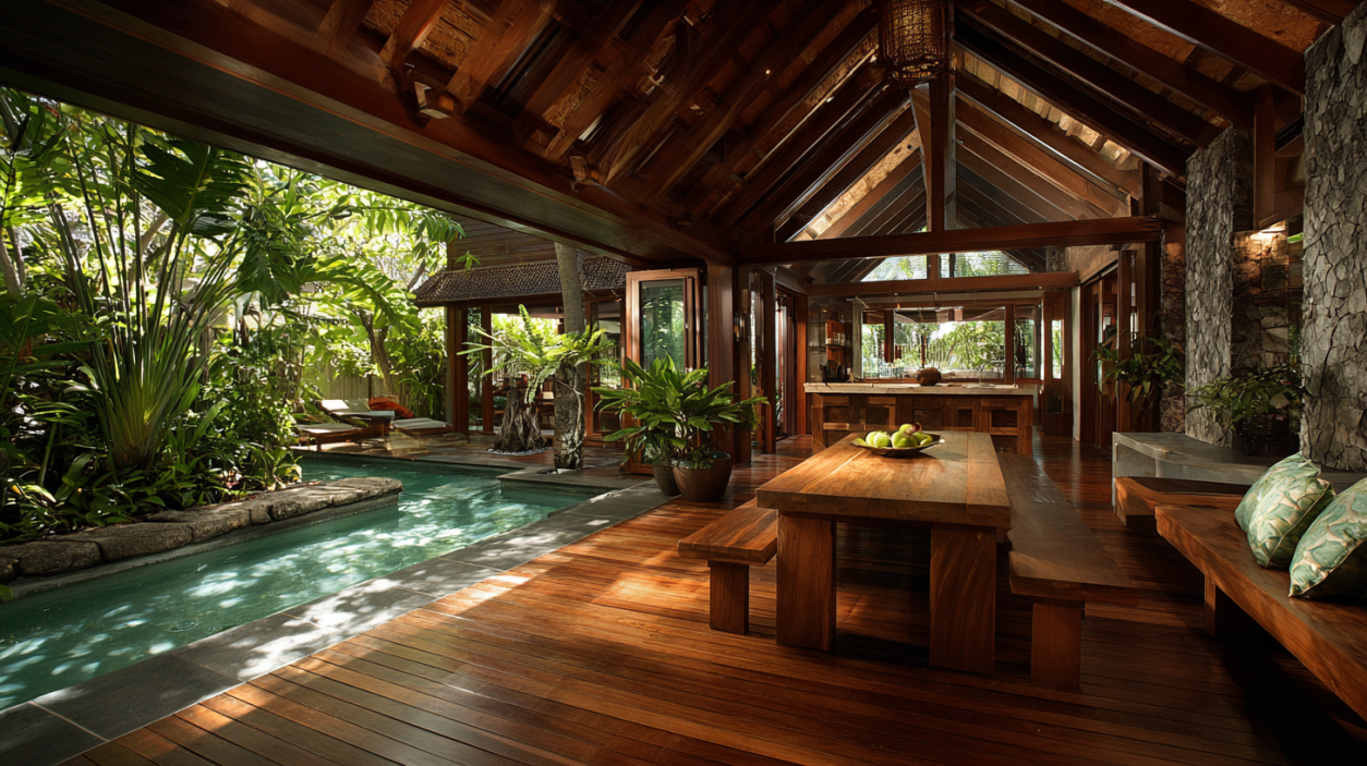 Open tropical home with wooden interiors and indoor pool