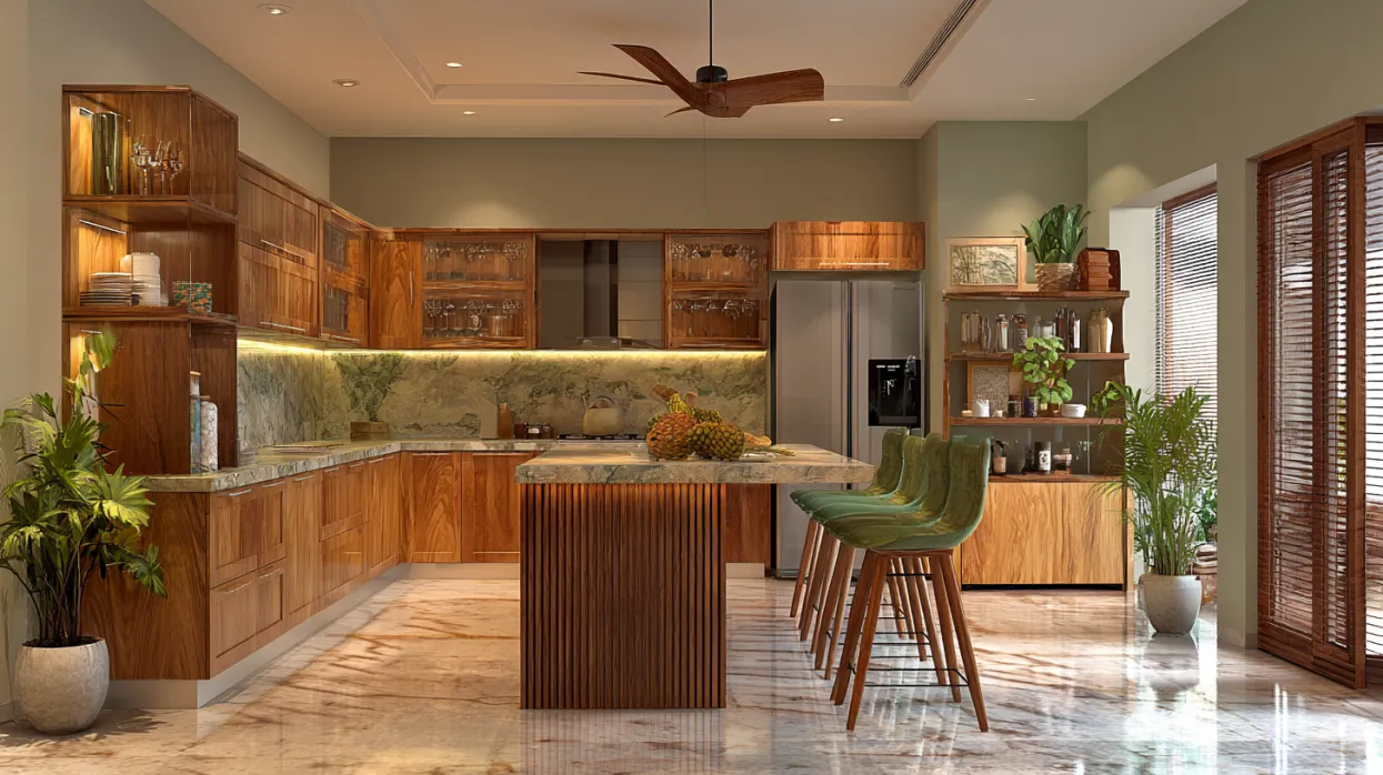 tropical indian modular kitchen design with wood and greenery