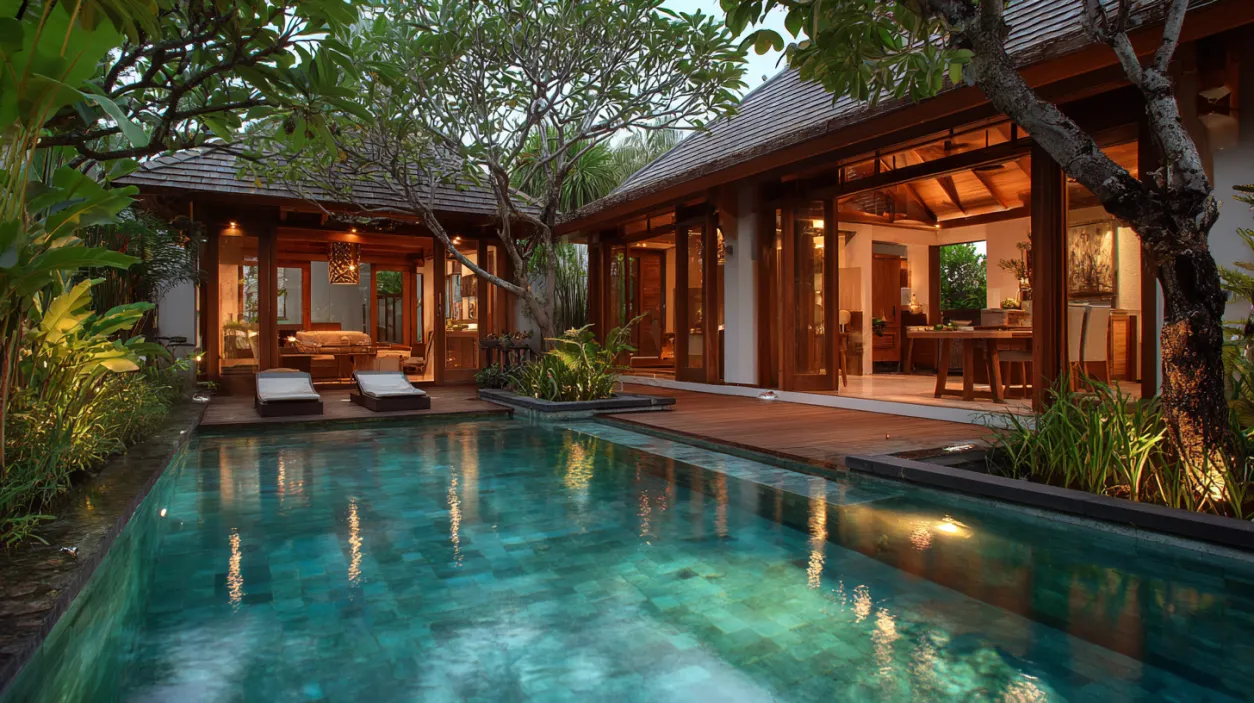 Tropical villa with thatched roof and private pool