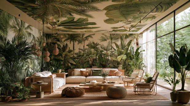 Tropical leaf ceiling wallpaper for a natural touch.