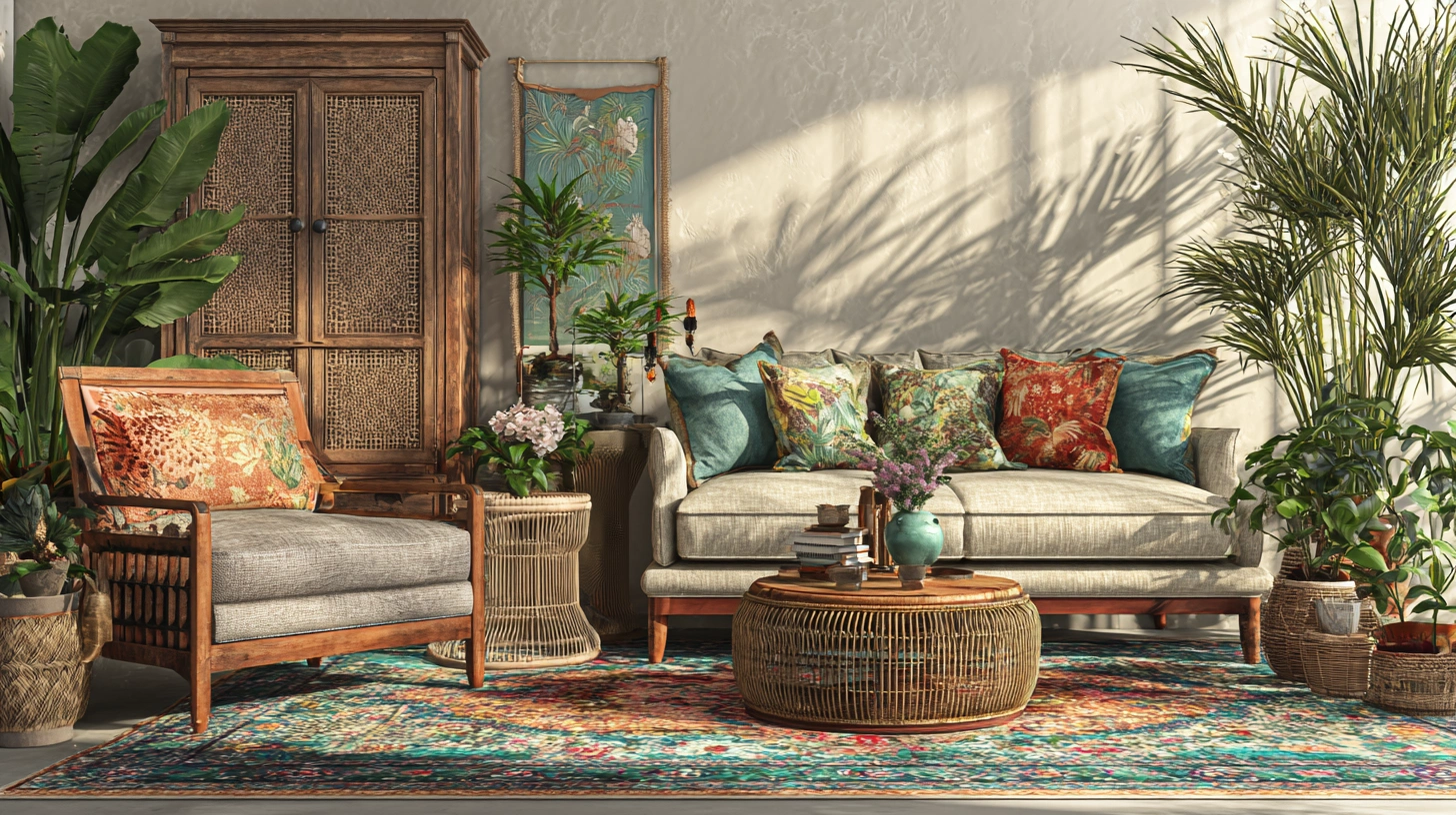 Tropical print rug adds vibrance to subtle living room décor