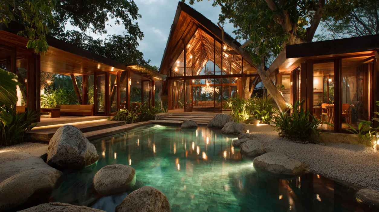 Tropical villa with wooden roof and serene water feature