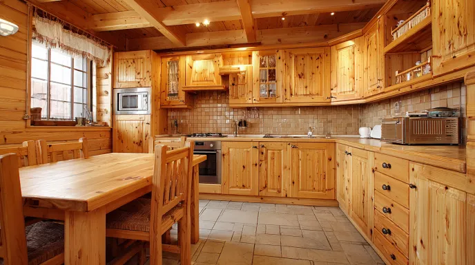 knotty pine indian kitchen design with rustic wooden cabinets