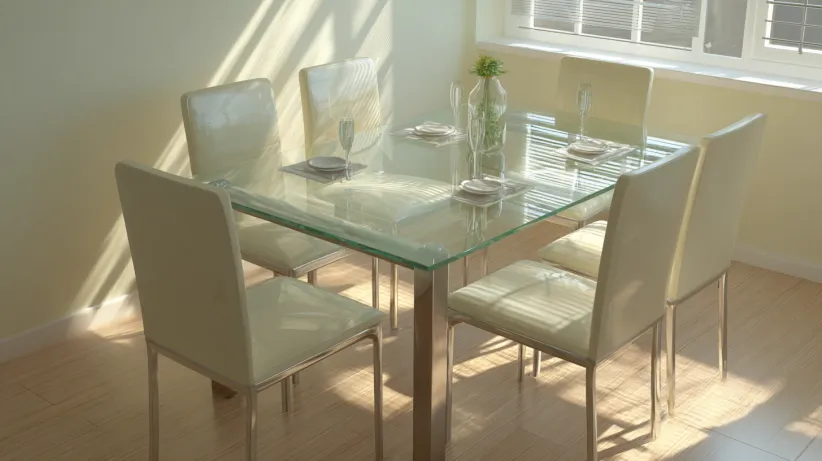 Glass top dining table with six cream leather chairs.