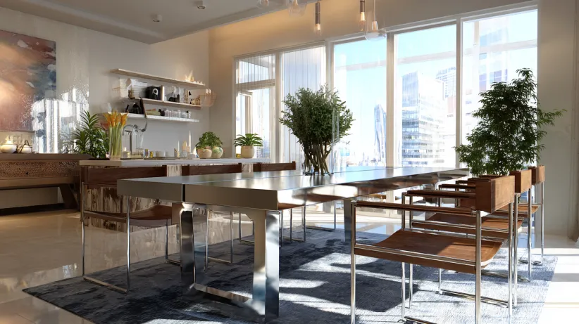 Long polished steel dining table with slim brown modern chairs.