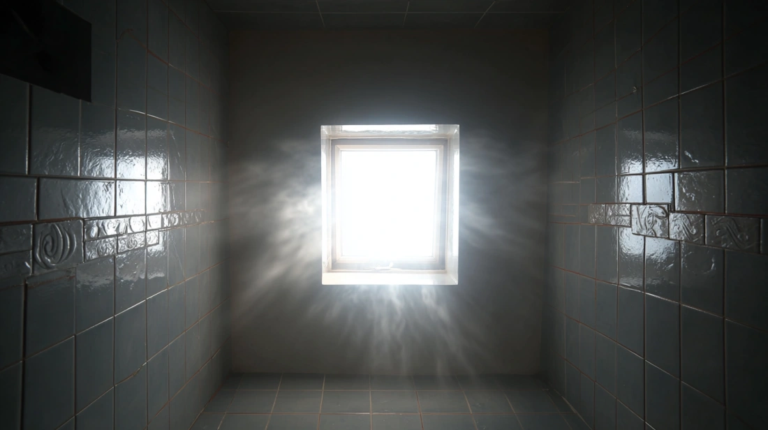 Small square tubular skylight emitting bright sunbeams into bathroom