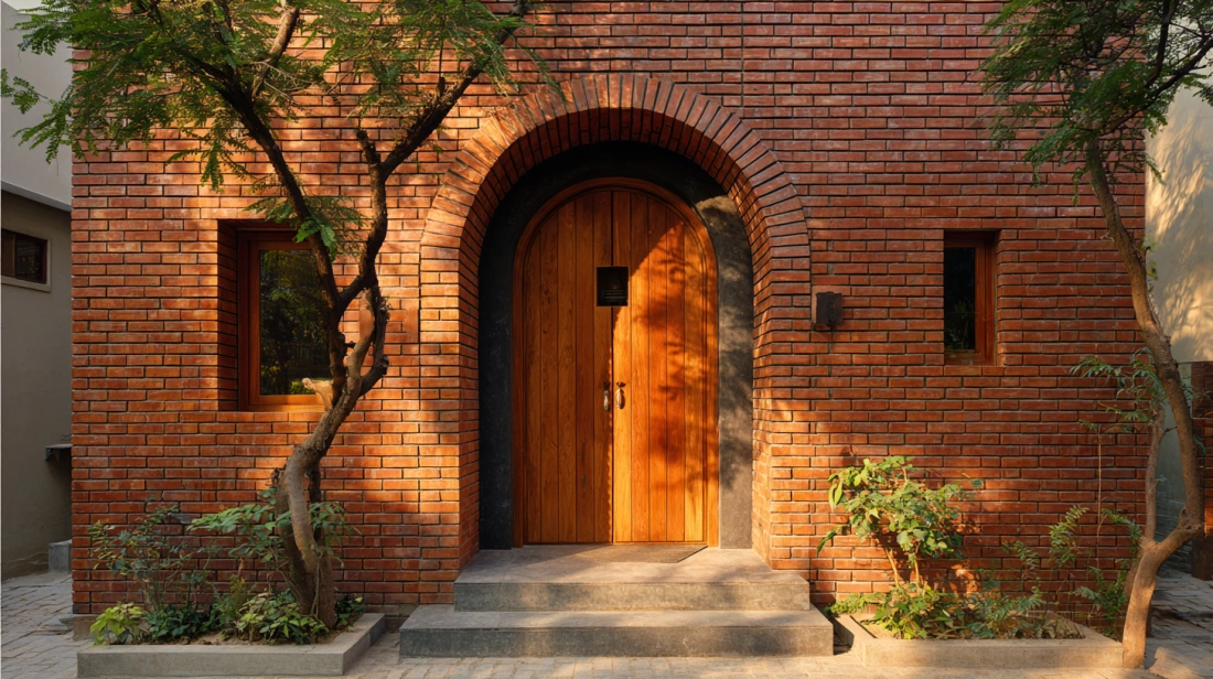 A red brick building façade with a deep, set-back arch