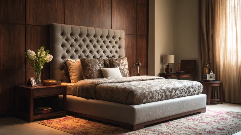 Classic gray tufted upholstered headboard with wooden wall panels