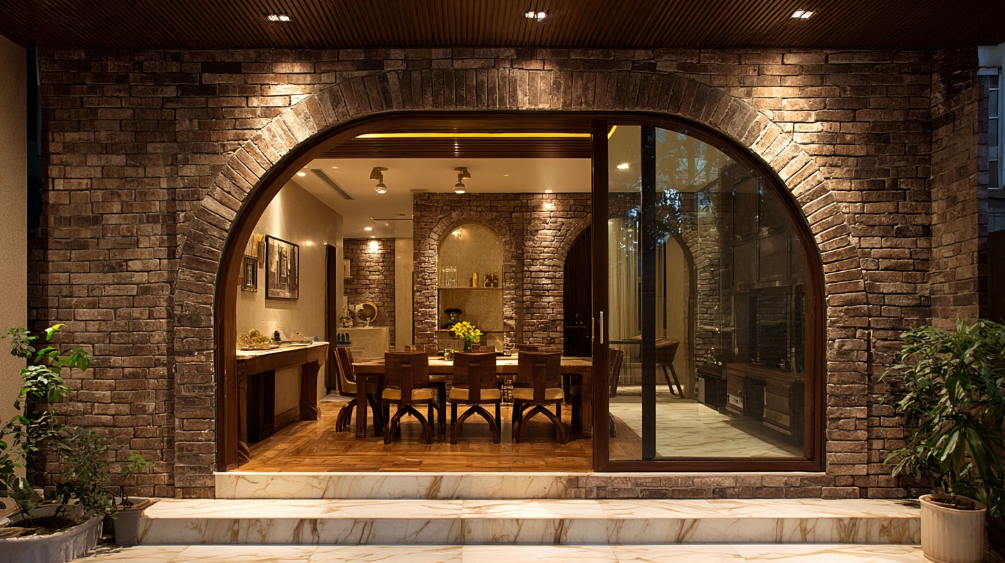Wide arched glass entry door set in a light stone facade