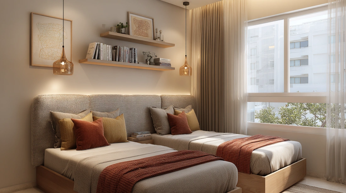 Two single beds with one shared headboard