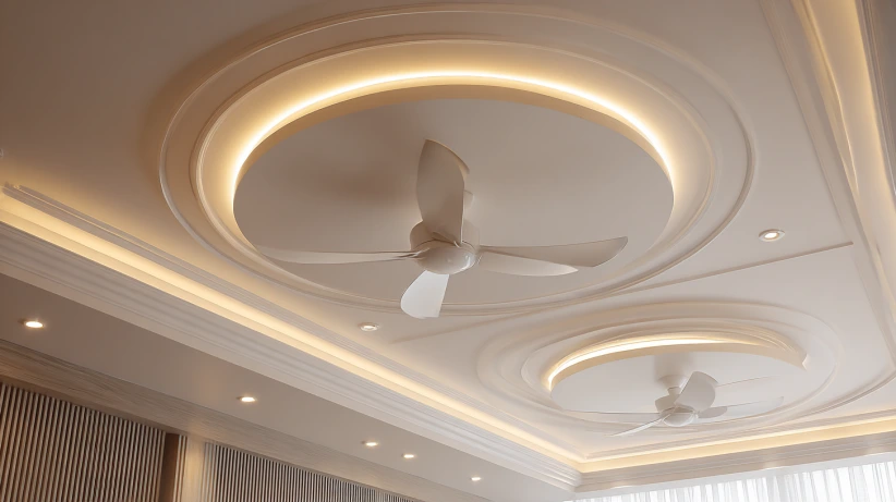 circular suspended pop layout in a modern two fan ceiling design