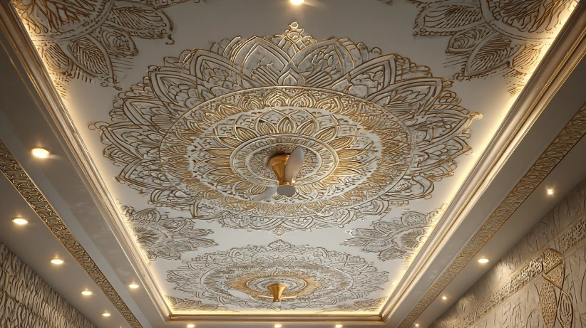 mandala plaster pattern featured in a decorative two fan ceiling design