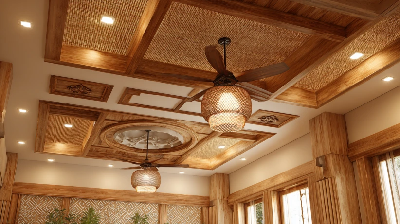 thai-inspired pattern featured in an elegant two fan ceiling design