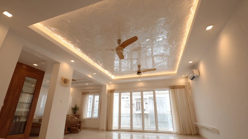 all-white pop layout featured in a clean two fan ceiling design