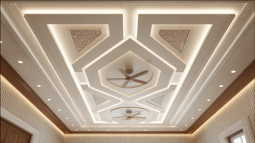 concentric square pop layout in a modern two fan ceiling design