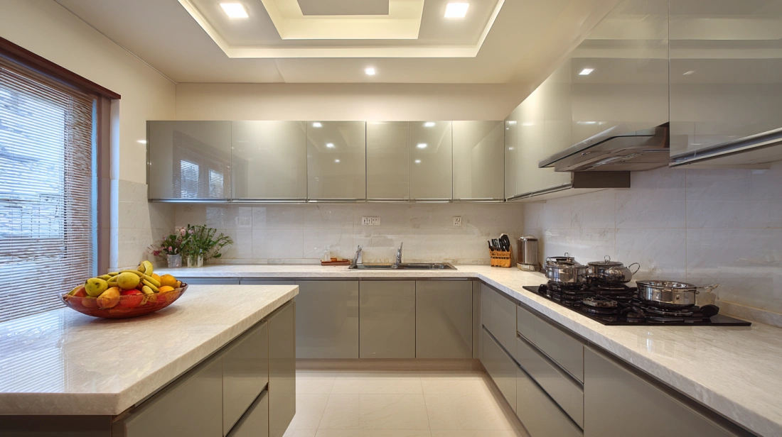 Luxury kitchen featuring a multi tiered ceiling structure