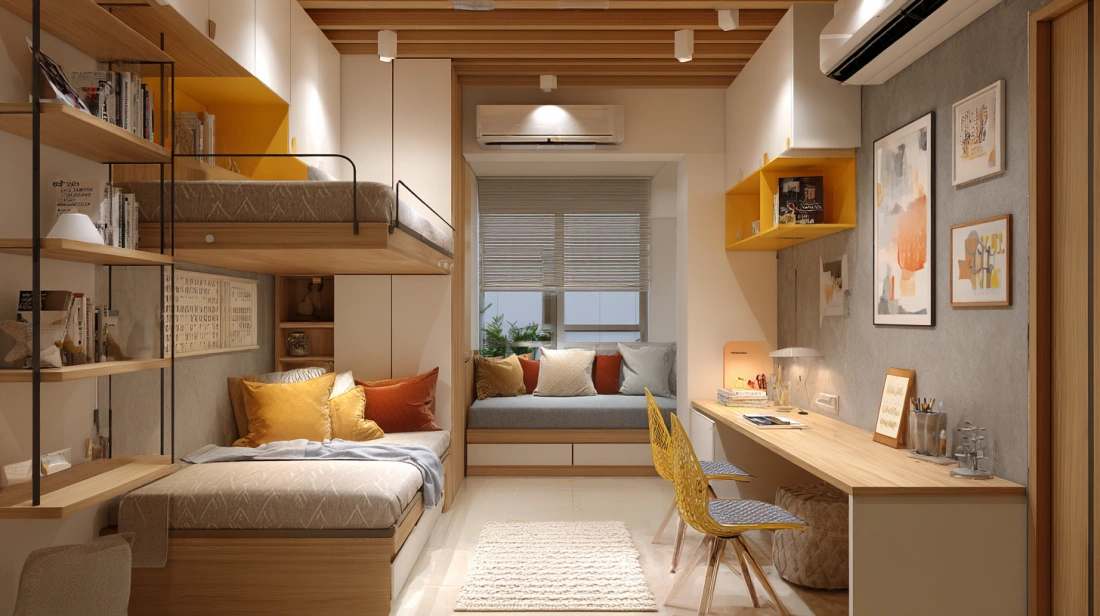 Two loft beds with desks in small kids room