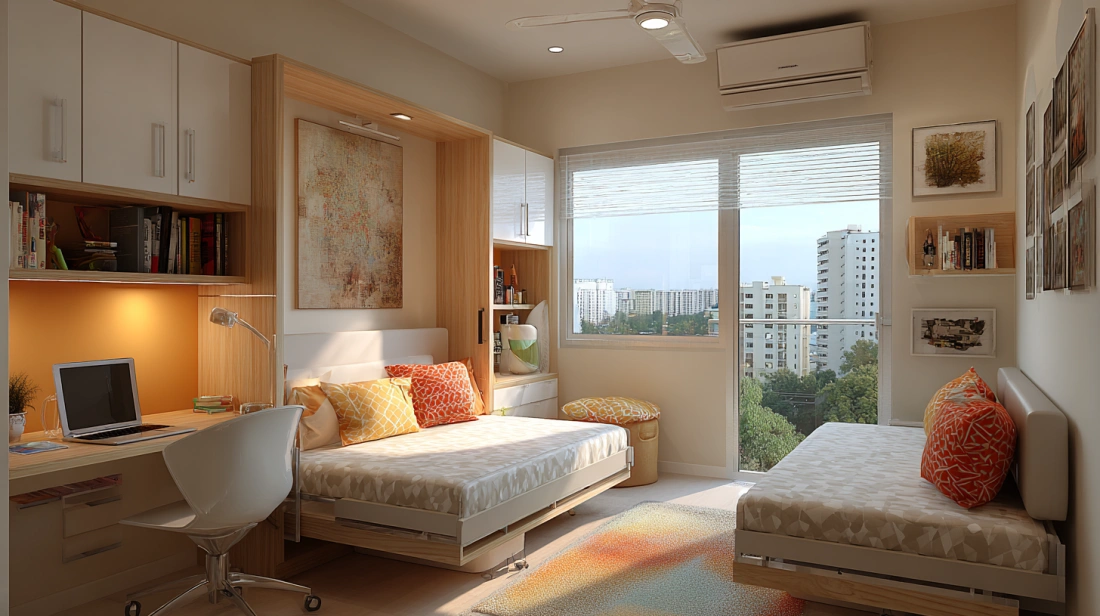 Two wall mounted Murphy beds in compact room