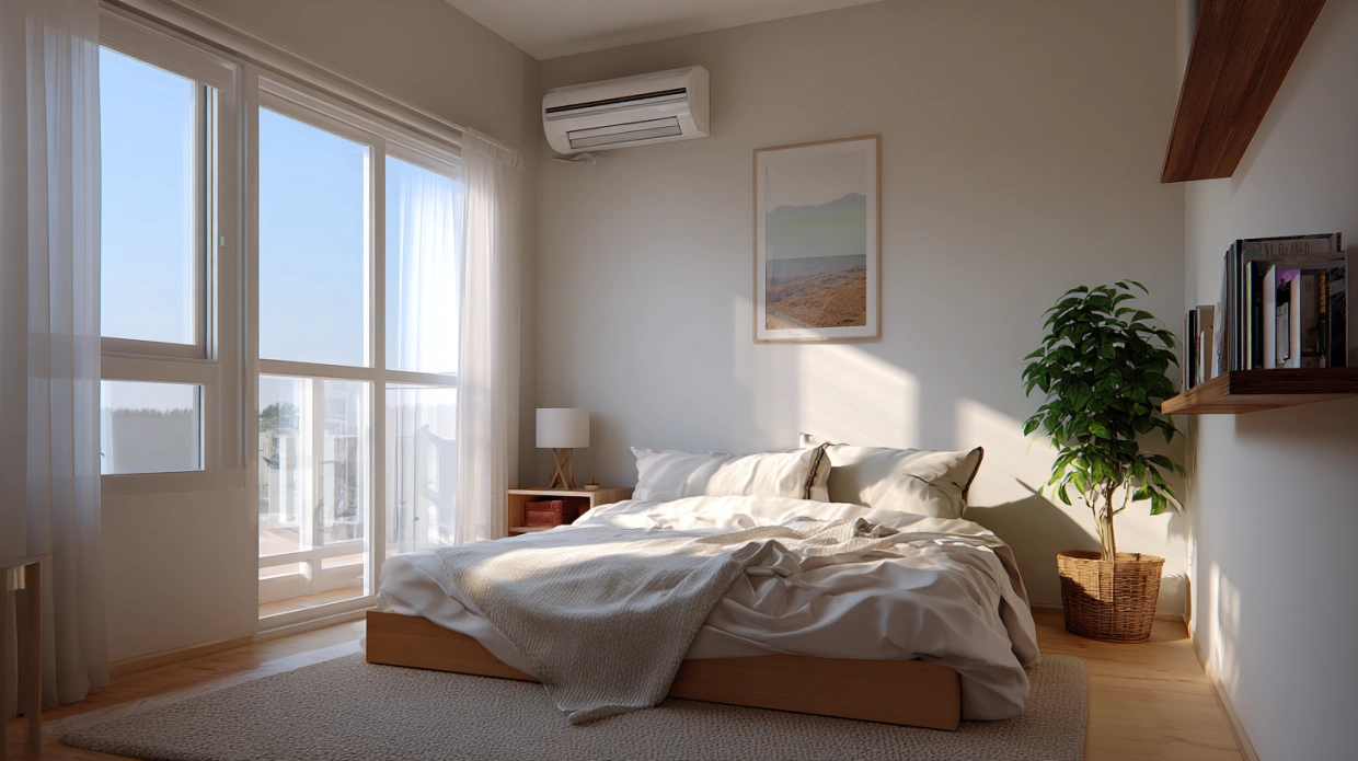 Bedroom with two-panel sliding window