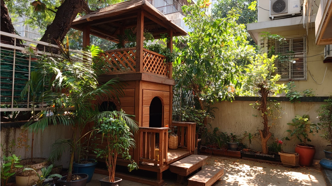 Two-tier dog house with covered upper balcony