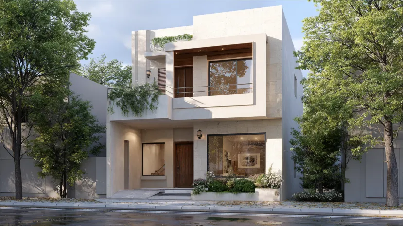 Two Storey Small House Design with large glass windows.