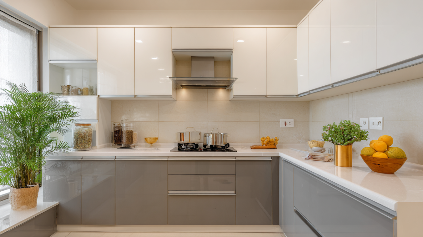 Modern modular kitchen featuring two tone acrylic cabinetry