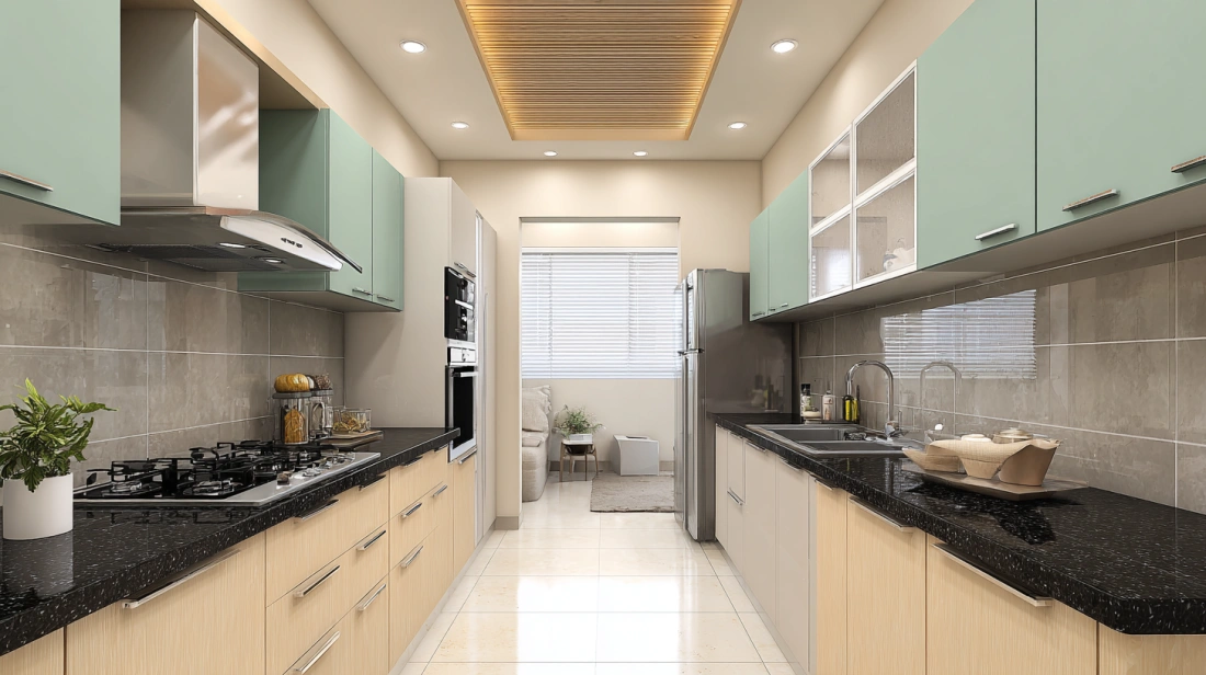 Recessed wooden panel inset framing long kitchen island