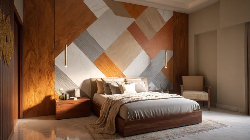 Large geometric wood and marble pattern panel bed back wall design