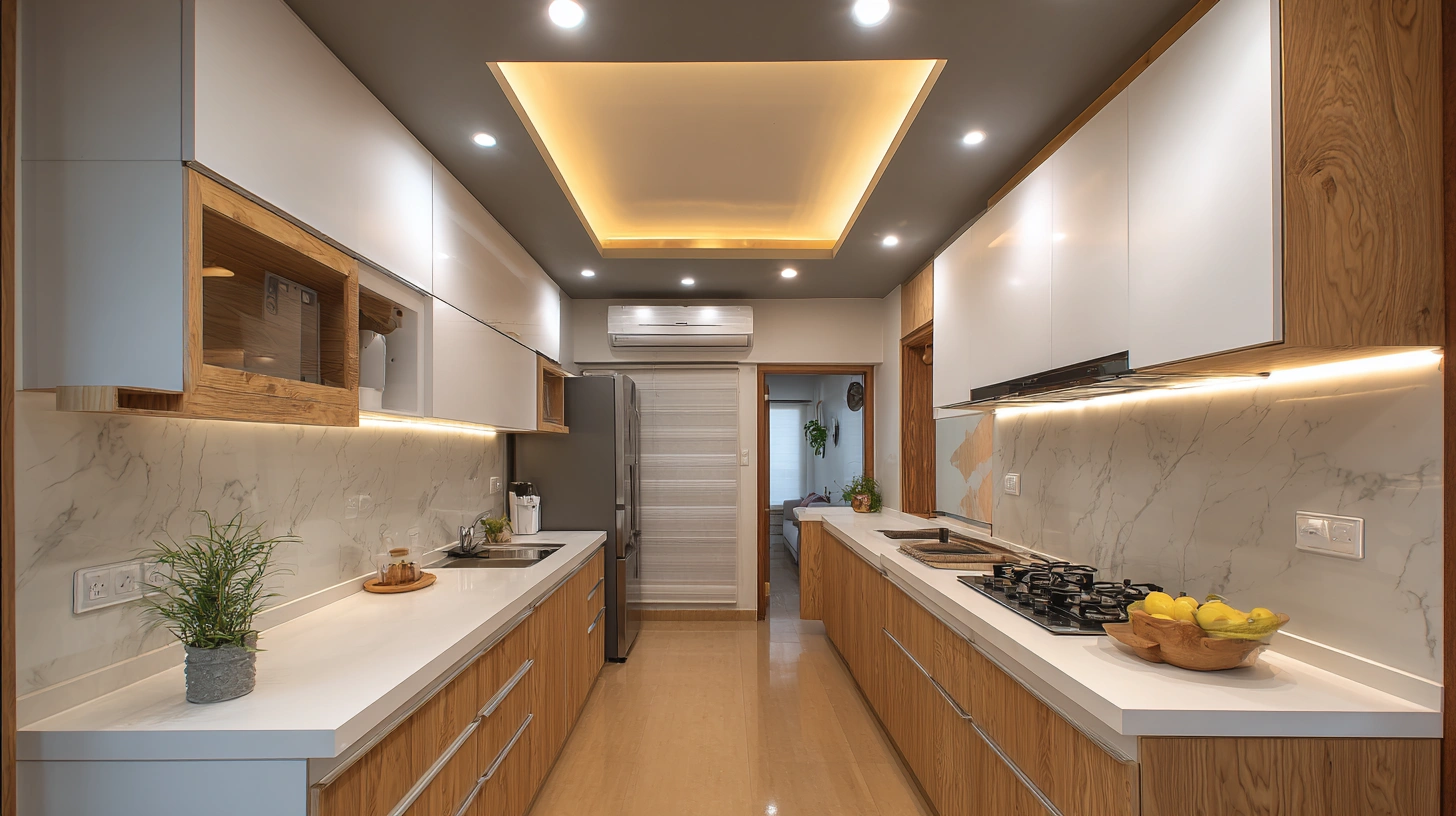 Modern modular kitchen featuring a two tone colored ceiling