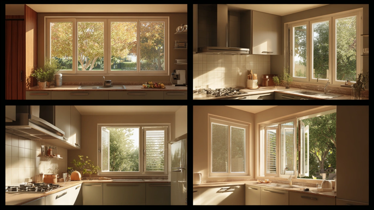 Kitchen showing sliding, casement and louvre windows