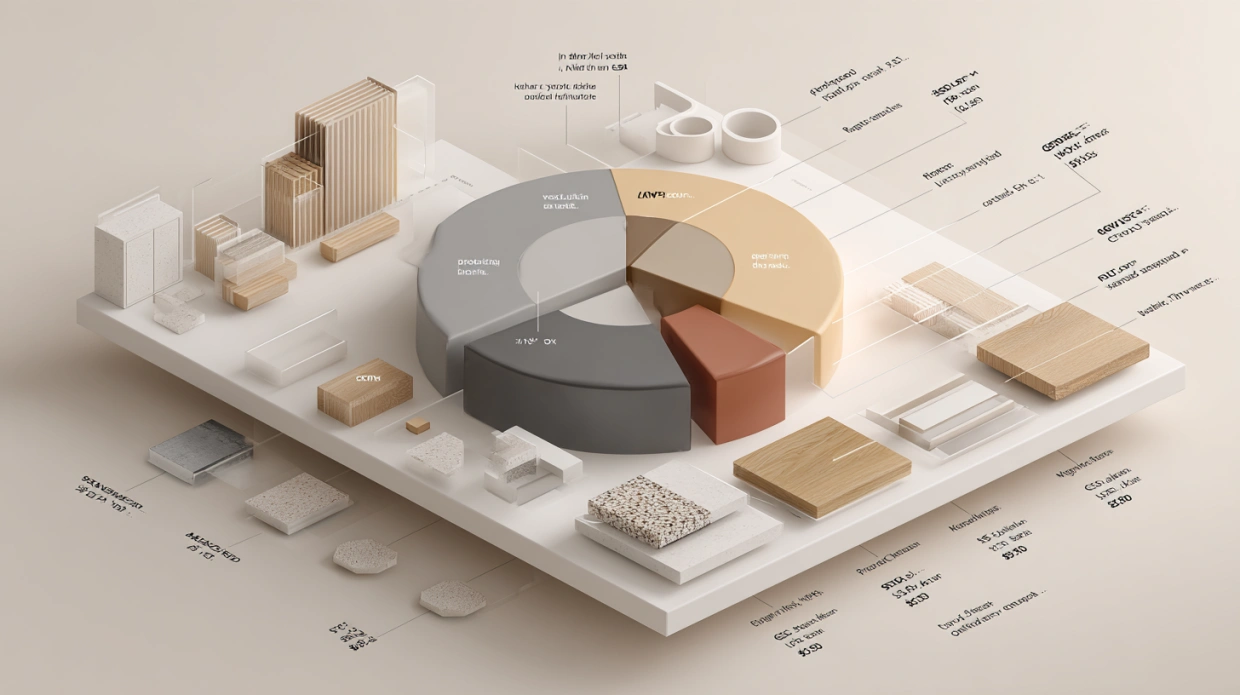 PVC material types and cost breakdown infographic with samples and pie chart