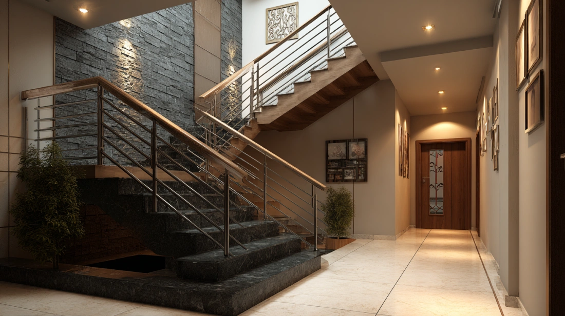 Modern U-shaped staircase with black granite lower steps, wooden upper treads, and a slate stone accent wall