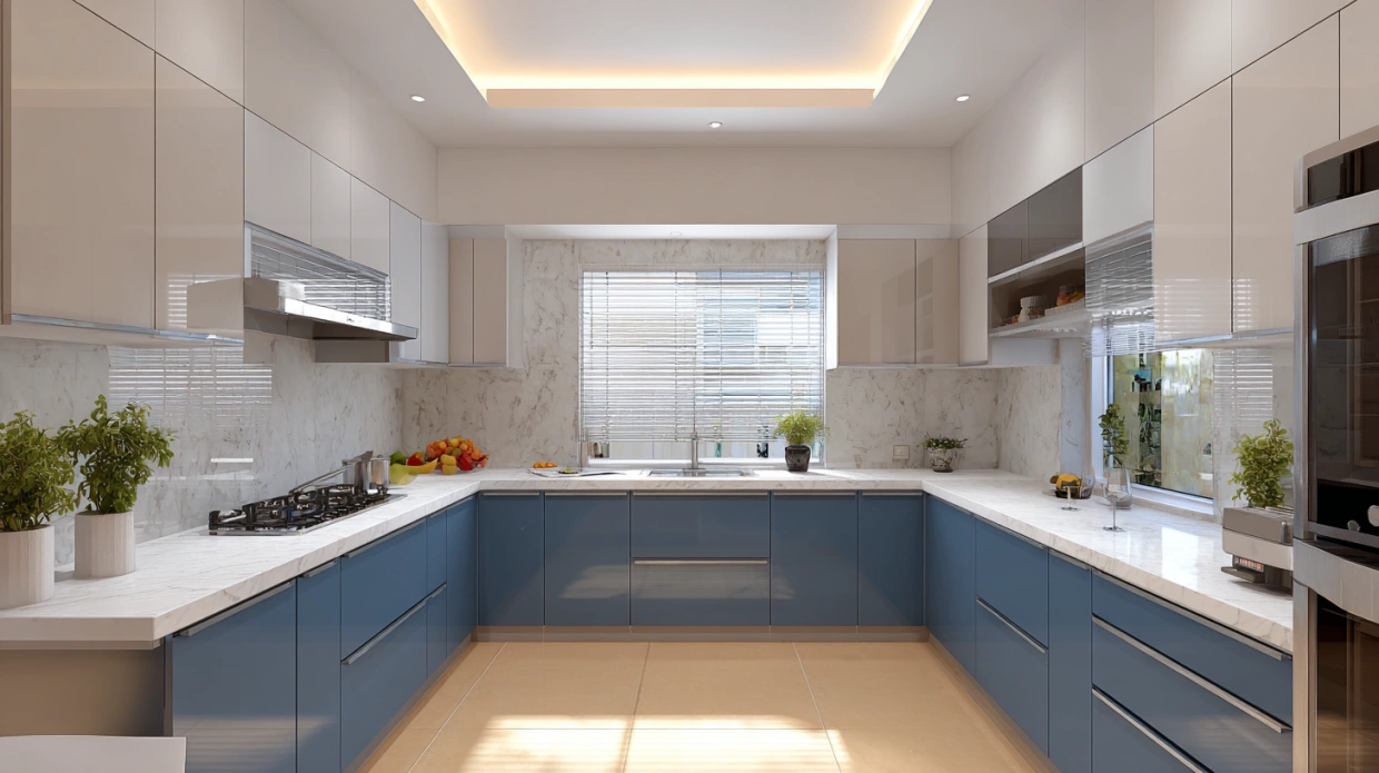 U-shaped modular kitchen with blue cabinets, marble countertops