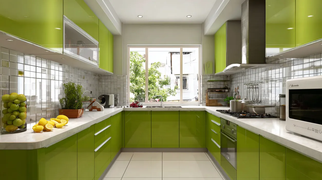 Large U-shape modular kitchen with ample countertop space.