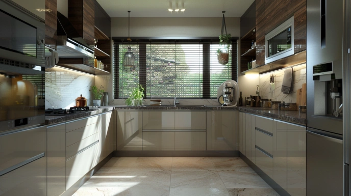 Indian U-shaped kitchen with three-sided counters and maximum storage