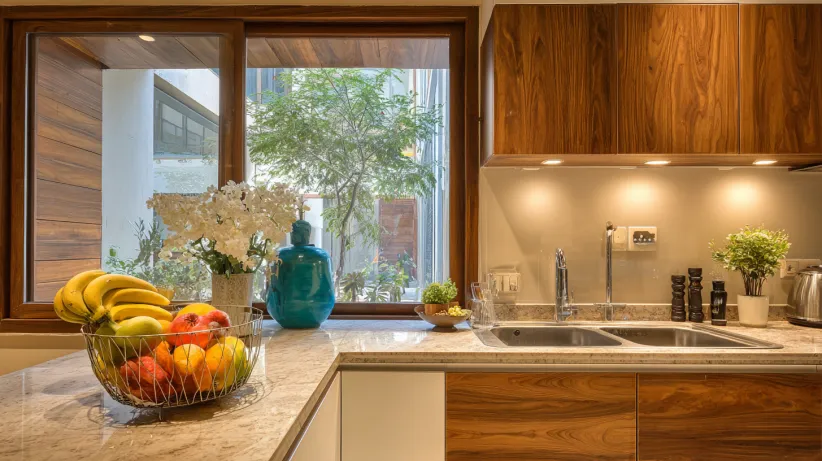 Clear glass jalousie windows open to a city view with trees and blue buildings.