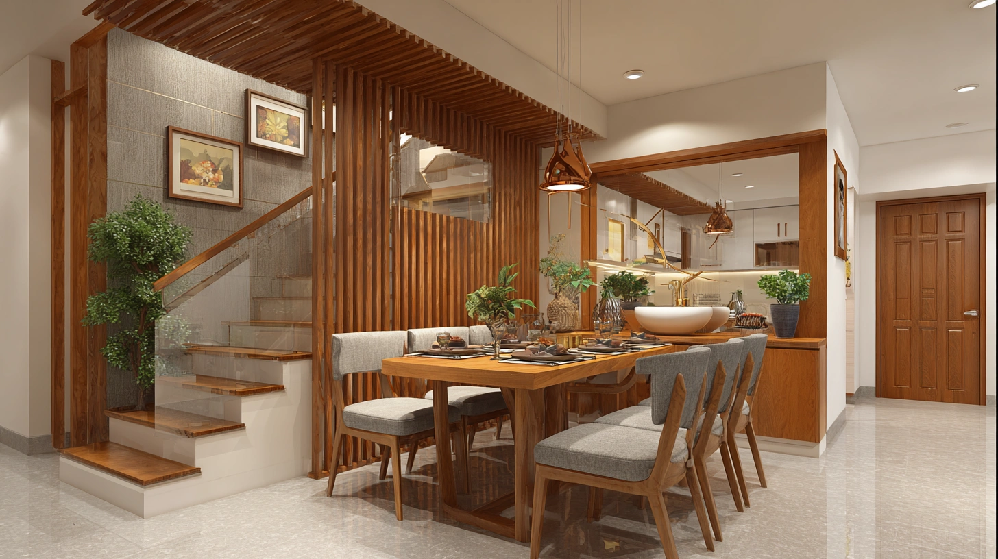 Wash basin placed under stairs with divider in dining area