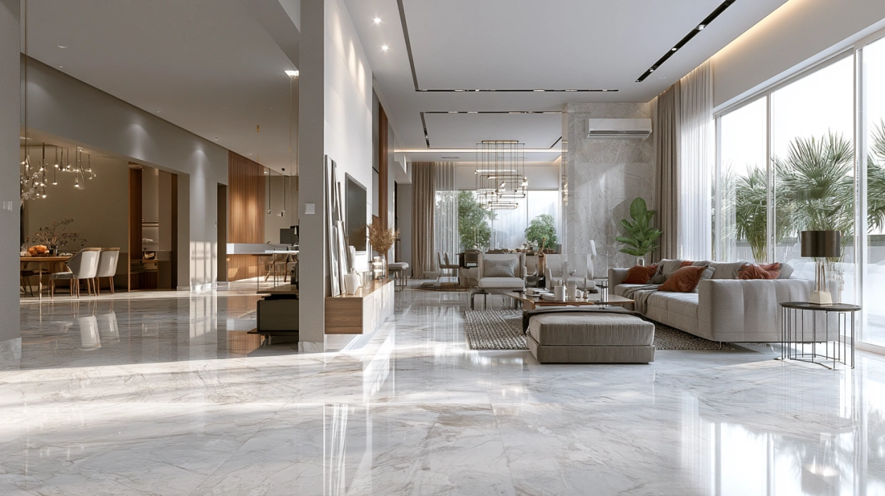 Luxurious living room featuring white marble flooring.