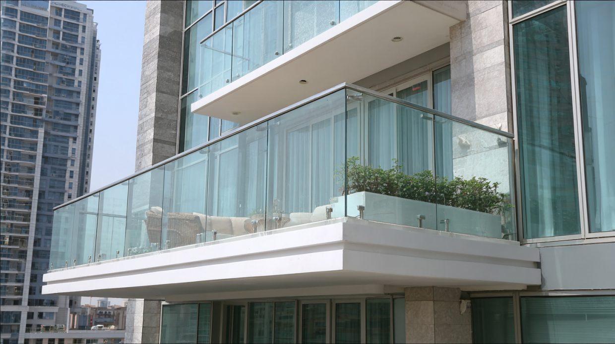 Uniform Glass Railing Design in apratment for the Balcony Design