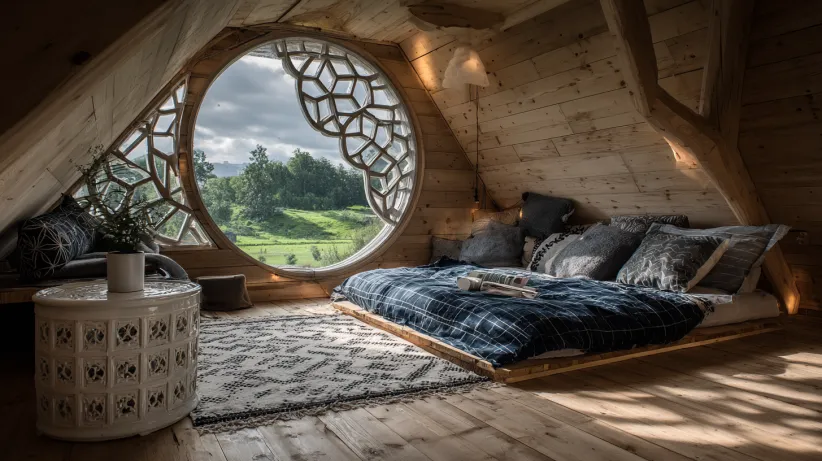 Unique circular window with decorative geometric lattice in a cozy wood-paneled attic bedroom.