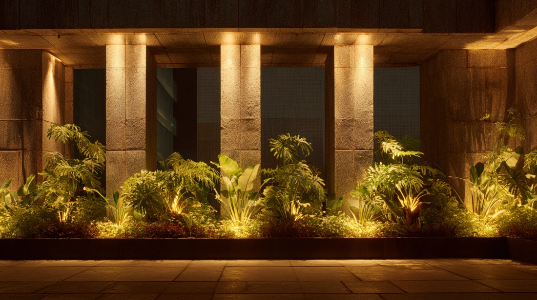 Uplights casting glow on terrace walls and plants