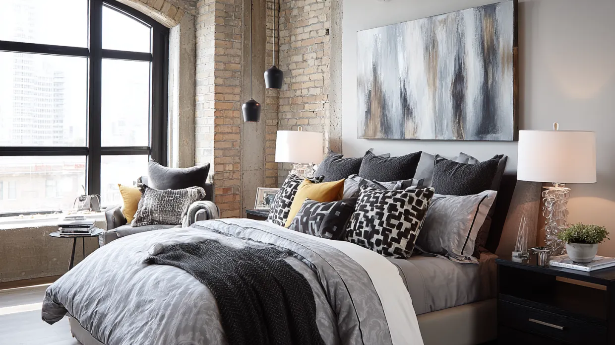 urban oasis guest room interior with modern and industrial accents